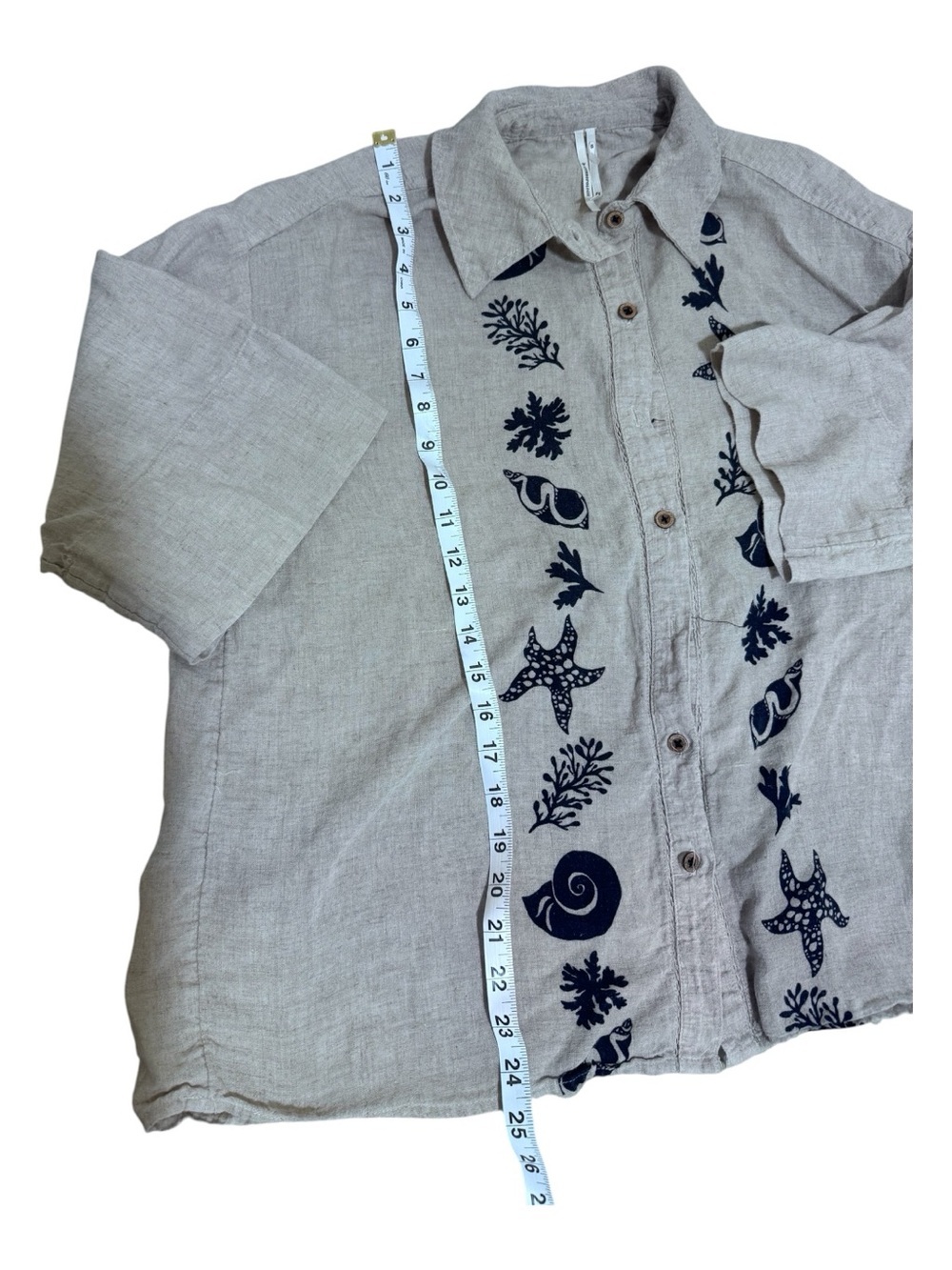 Anthropologie Beige Button-Up Shirt with Navy Sea Life Embroidery - Picture 3 of 7